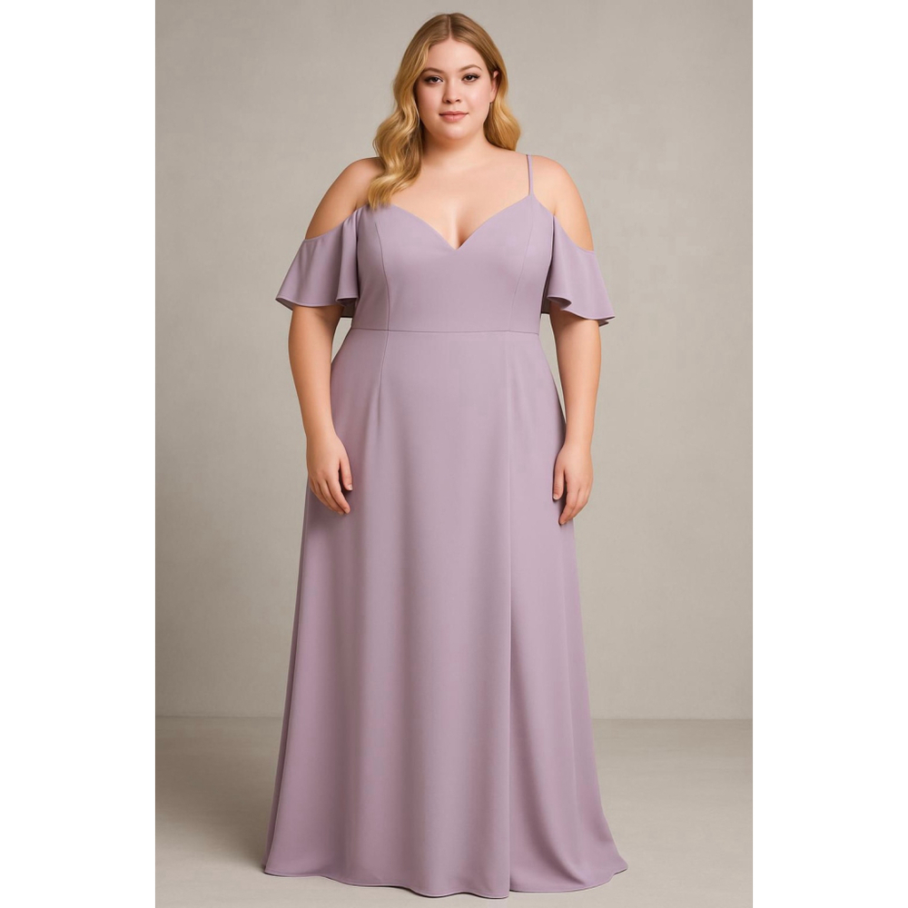 Jenny Yoo Women's Crepe Cold Shoulder Maxi Dress Taupe 16 V-Neck Spagetti Straps